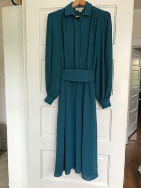 Vintage Pierre Cardin Boutique Dress Teal Blue Button Up Belted 80s Med? No Tag
